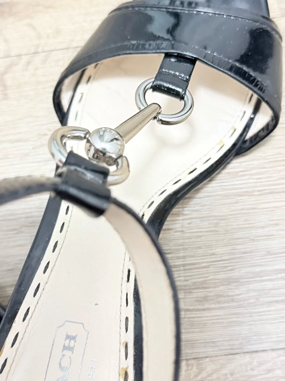 Coach Black Patent Leather T-Strap Heeled Sandals with Silver Hardware